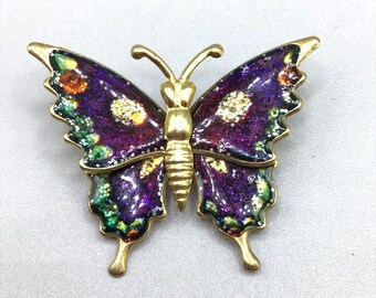 Purple Gold Green Butterfly Brooch Glittery Made in Taiwan Retro 80s 90s Jewelry