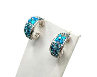 ORIT SCHATZMAN OS 925 Israel Earrings Blue Opals Crystals Open Hoops Pierced