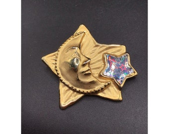 JJ Star Moon Celestial Pin Brooch Matte Gold Tone Man in the Moon Half Moon Pin