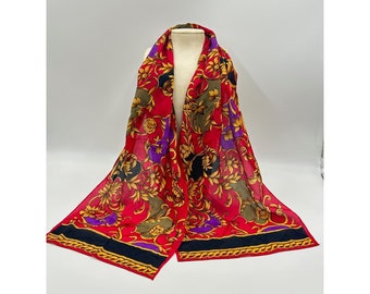 J.G. Hook Scarf Red and Purple with Golden Designs Rectangular Long Silk Foulard