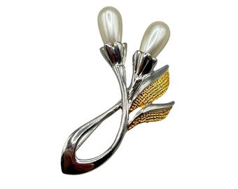 Pearls Flowers Pin Brooch Vintage Two Tones Gold And Silver Statement Jewelry