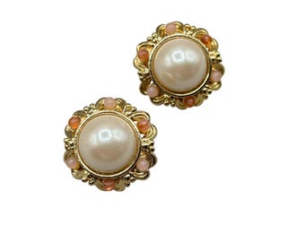 Vintage Clip On Pearls Earrings Round Buttons With Peach Color Bead Accents