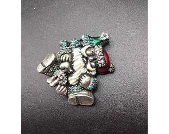 Santa Claus with Dog Christmas Tree Pin Brooch Rhinestones Xmas Holiday Jewelry