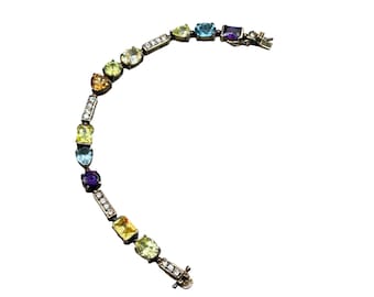 Vintage Jewel Tones Sterling Silver Bracelet Glass Stones 925 Colorful Jewelry