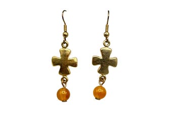 Vintage Maltese Cross Dangles Earrings Matte Gold Tone Pierced Drops With Beads