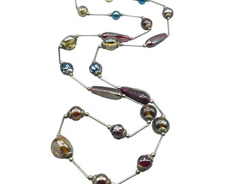 Vintage Iridescent Glass Necklace Beaded Colorful Stations Silver Tone Metal