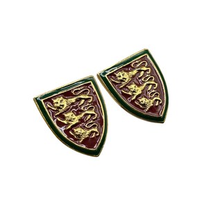 Vintage Green & Red Enamel Lion Passant Shield Earrings Royal Arms of England