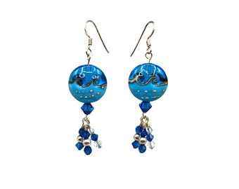 Vintage Art Glass Beaded Earrings Pierced Dangles Blue Sea Ocean Waves Handcrafted