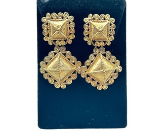 Signed Nina Ricci Clip On Earrings Dangle Gold Tone Etruscan Revival Design