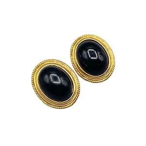 Vintage Gold Tone & Black Oval Clip On Earrings Classic Statement Earrings