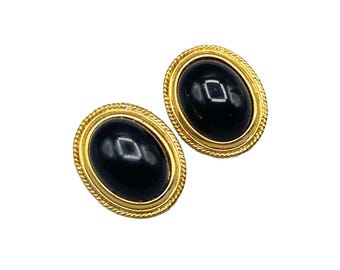 Vintage Gold Tone & Black Oval Clip On Earrings Classic Statement Earrings