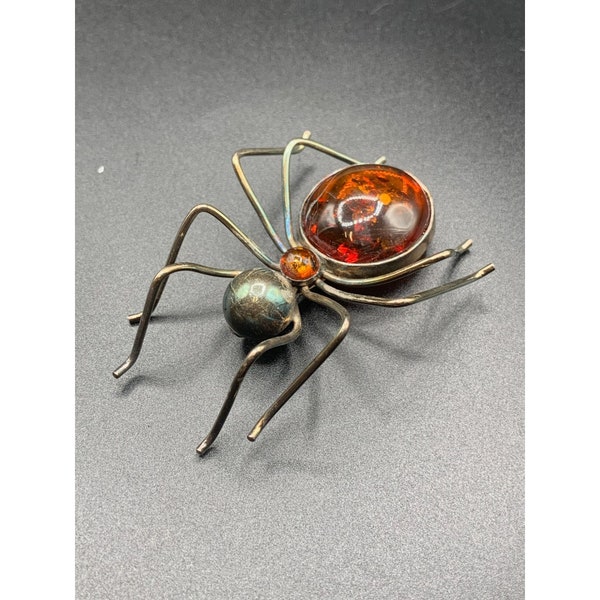 Large Baltic Amber Spider brooch and Pendant Sterling silver Handcrafted BUG Insect pin