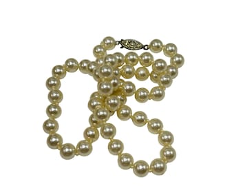 Beaded Faux Simulated Glass Pearls Necklace Hand Knotted Single Strand 20" Long