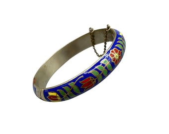 Vintage Thailand Cloisonne Bangle Bracelet Hinged Blue With Red Tulips Flowers Design