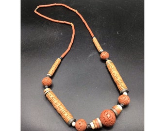 Handmade Clay Beads Necklace Earthy Tones Long Organic Tribal Inspired Jewelry