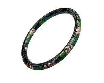 Vintage Black And Pink Cloisonne Bangle Bracelet Oriental Floral Design
