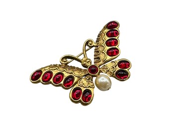 Vintage Jeweled Butterfly Pin Brooch Gold Tone with Faux Pearl & Red Rhinestones