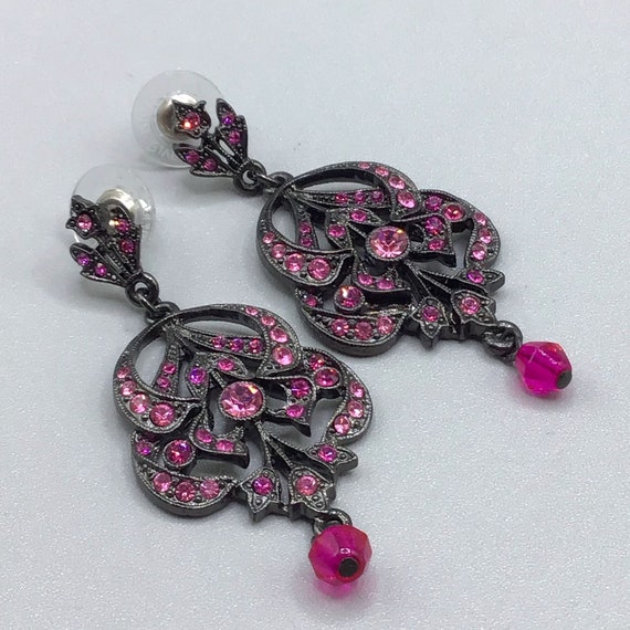 Pink Dangles Earrings Drops Rhinestones Art Nouve… - image 5