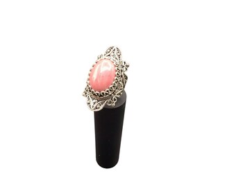 Rhodonite Ring Wide Elongated Bold Ornate Sterling Silver Setting Size 7
