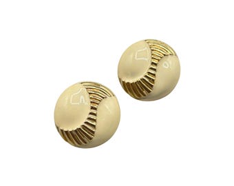 Classy Clip On Earrings Gold Tone And Cream Enamel Round Design