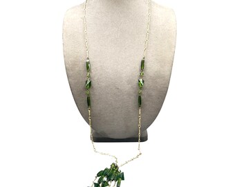 Vintage Long Chain Necklace With Green Beaded Tassel Pendant Acrylic Plastic Beads