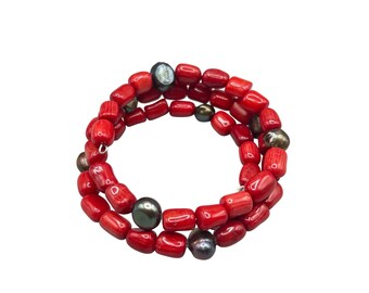 JAY KING Coral And Pearls Bracelet Memory Wire Wrap Bracelet DTR 925 Sterling Silver Mine Finds