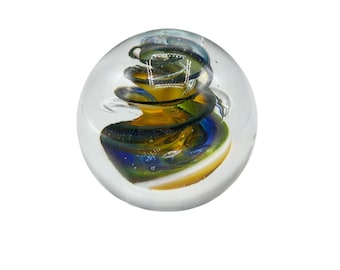 Signed MP Marian Pyrcak Paperweight Hand Blown Art Glass Green Blue Gold Twist Swirl Globe Made in Poland