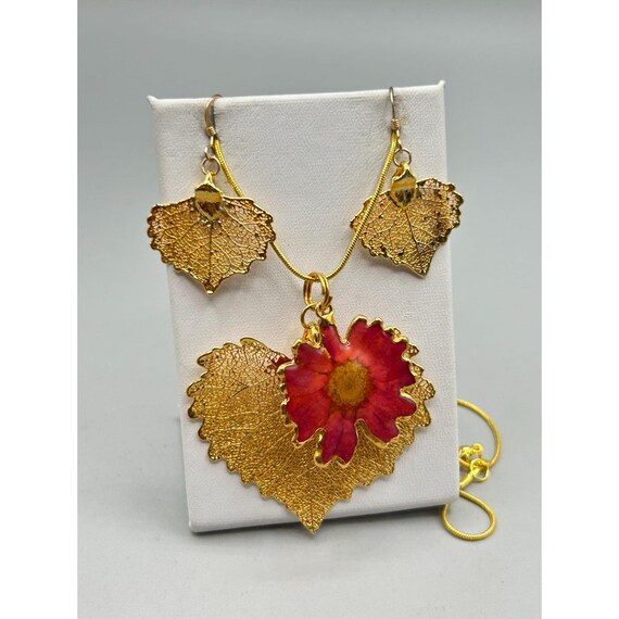 Gold Plated Dipped Leaf Necklace & Earrings Set W… - image 4