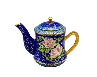 Vintage Chinese Cloisonné Mini Teapot Blue & Gold Floral Design 3" Tall