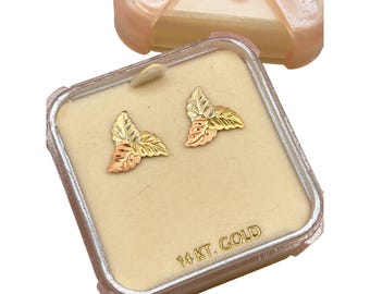 14K Gold Tri-Color Leaf Stud Earrings Pierced Studs In Original Box