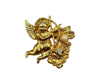 Vintage Gold Tone Cupid with Arrow Angel Brooch with Pearl & Rhinestone Accents