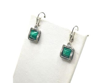 Malachite Sterling Silver Earrings Pierced Dangles Signed B Israel 925 Leverback Drops