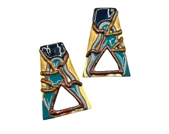 Vintage Abstract Earrings Enamel Over Gold Tone Pierced Handcrafted 90s Earrings