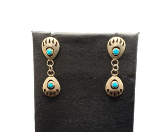 Bear Paws Earrings Sterling Silver & Turquoise Native American Pierced Drops