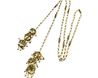 Vintage Plastic Celluloid Lariat Necklace Lightweight Beaded Long Chain With Layered Ends