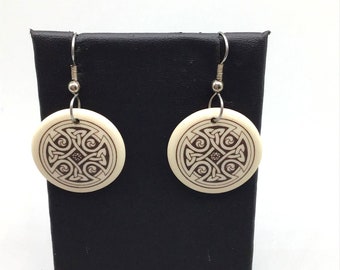 Celtic Dangle Earrings Ceramic Hook Drops Off White Round Celtic Maltese Cross