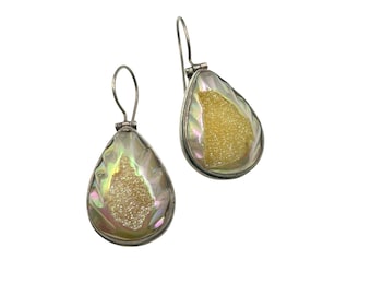 Yellow Pear Drop Shaped Druzy Earrings Sterling Silver Dangles Pierced Drops