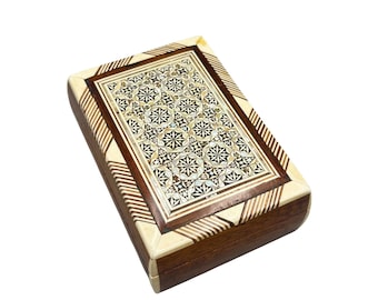 Intricate Vtg Egyptian Mother of Pearl Marquetry Inlay Wood Trinket Jewelry Box