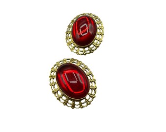 Vintage Red Acrylic Cabochons Clip On Earrings Oval Fun Colorful 80s Jewelry