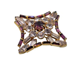 Vintage Layered Brooch Purple Rhinestones Cross Flower Shaped Costume Jewelry