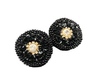Beaded Clip Earrings In Black Seed Beads Handmade Elegant Vintage Earrings