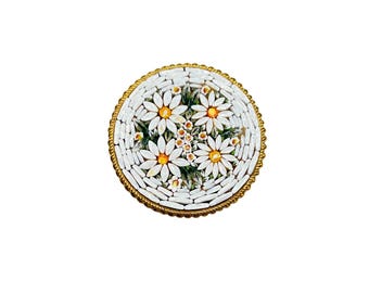 Vintage Italian Mosaic Brooch Pin Round Floral Design Gold Tone Button Pin