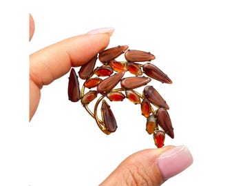 Vintage Unsigned AUSTRIA Pin Brooch Ombre Glass Rhinestones Fall Foliage Design