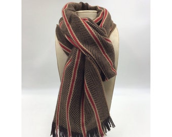 Johnstons 100% Extra Fine Merino Wool Scarf Winter Long Fringe Brown Red Stripes