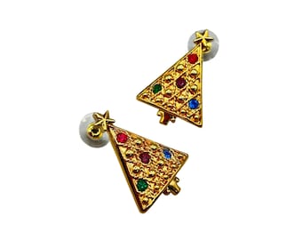 Vintage AVON Christmas Tree Earrings Gold Tone Red Green Blue Rhinestones