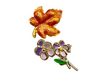 Vintage Enamel Leaf & Floral Brooch Pin Set of 2 Purple Flower and Maple Leaf