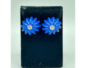 Fun Chunky Blue Clip On Earrings with Rhinestone Plastic Statement Retro Jewelry