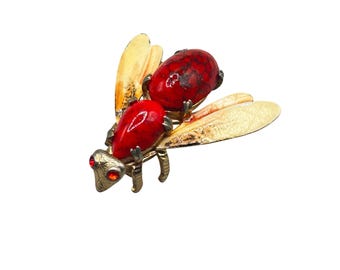 Vintage Bug Pin Brooch Signed WARNER Red And Gold Insect Fly Figural Jewelry