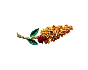 Vintage 70s Flower Pin Brooch with Ladybug Orange Color Enamel and Rhinestones