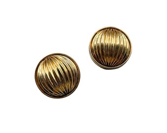 Vintage Clip On Earrings Gold Tone Ribbed Domed Design Light Hollow Round Shaped